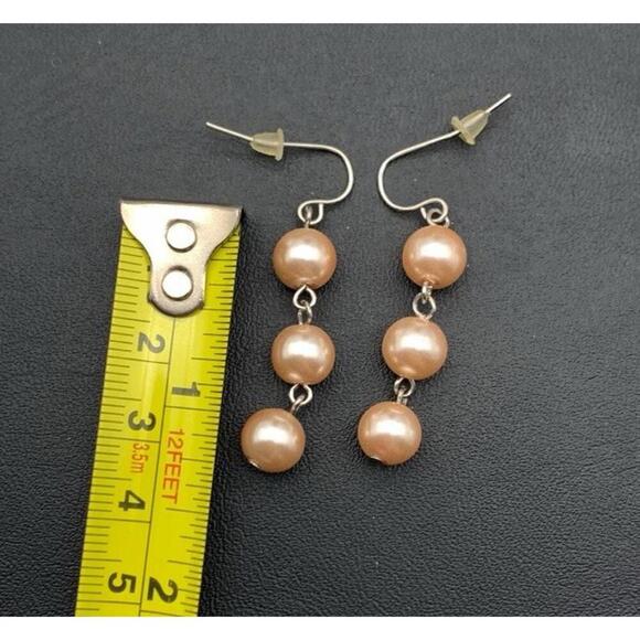 Dainty Light Peach Colored Faux Pearl Dangle Earrings - Picture 3 of 3